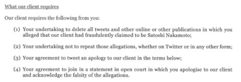 March 29th 2019: I receive a Letter of Claim from CSW via his lawyers in SCA ONTIER. They give me 7 days to agree to remove my tweets, apologize and confirm in court that I believe CSW is in fact Satoshi.
