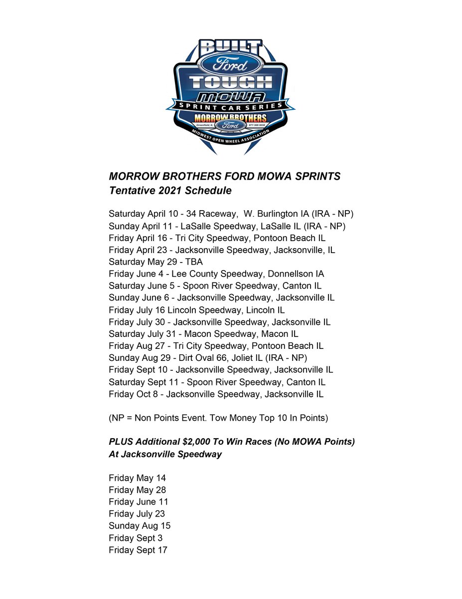 On that long drive home from Tulsa, take a peek at the 2021 <a href="/mowasprints/">Midwest Open Wheel</a> schedule.  Pretty much sticking to points racing within the shadow of Lincoln's Tomb as our teams, tracks, sponsors and fans get their legs back under them in 2021.  Find some nights to join us in 2021.