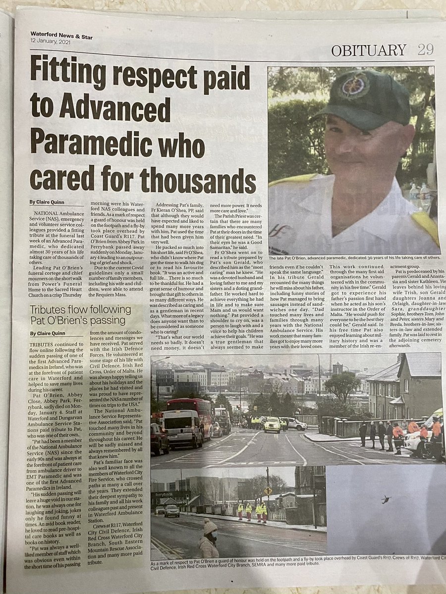 NAS_Waterford's tweet photo. Beautiful Obituary &amp; Tribute to our friend &amp; colleague Pat O’Brien who passed to his eternal rest on Monday 4th January.

Rest Easy 4392 (@PHECC No.)
Thanks to Claire Quinn,@WaterfordNS 

@AmbulanceNAS @NasDirector @paulreiddublin @PeopleofHSE @HSELive @cathal1972 @HSE_HR https://t.co/z3kKrjNtyO