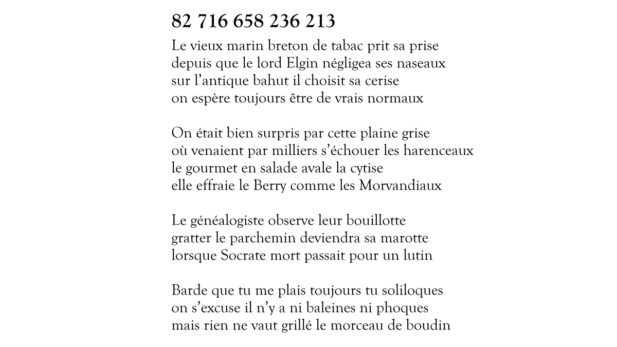 Voici le sonnet 82 716 658 236 213 sur 100 000 000 000 000. Il en reste 99 999 999 998 434 à tweeter. https://t.co/YFipRIeDol