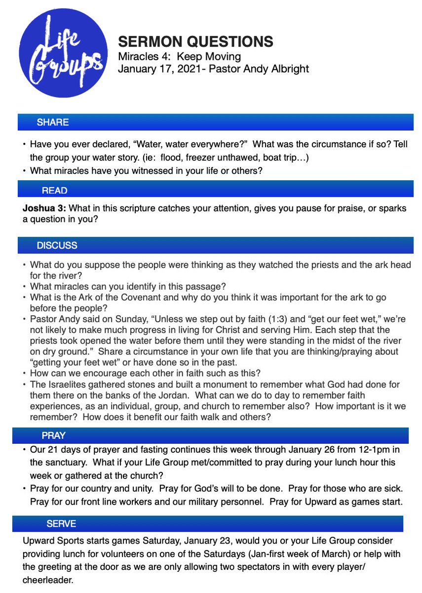 tfnaz's tweet photo. Here are this weeks (Jan. 17th) Life Group or individual study questions.  Come on jump in!  The water is fine!  #tfnazlifegroups https://t.co/7k1GfZAr52