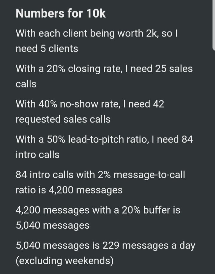 3) GOAL SETTING AND NUMBERSMy goal is $50k/m by June 2021But I needed to hit 10k firstAnd I planned to do it in 30 days.Using organic outreach.So I mapped out my numbers:
