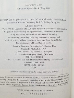 As for printings, you’ll want to consult the odd list of numbers (usually at the bottom of the page). Regardless of the order, the lowest number represents the current printing. Here are examples of a first printing, and a 5th printing. (0 counts as ten, not zero)