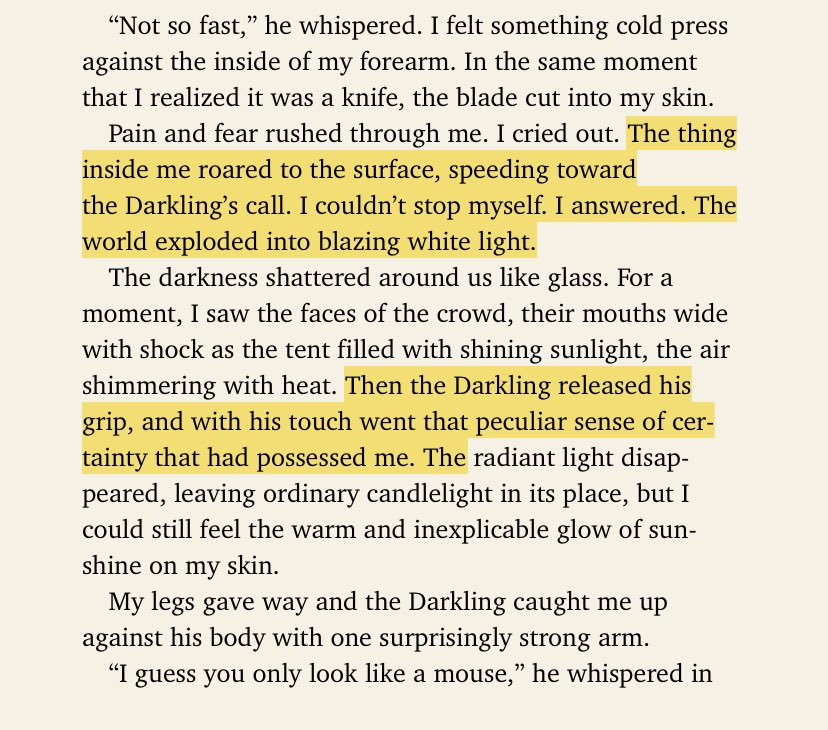 The Darkling draws out her dormant powers by way of making a small cut on her arm. As it turns out, Alina is Grisha, too. A Sun Summoner — essentially, the Darkling’s polar opposite — incredibly powerful and extremely rare.