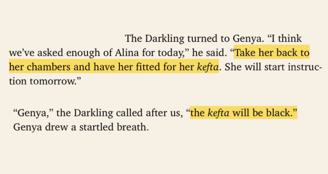 Alina refuses the matchy-matchy couple’s kefta the Darkling offers her because she doesn’t want to stand out even more. She chooses instead to wear blue, like the other Etherealki — of which she is part of, being a summoner— which is sad because it would’ve been SEXY but whatevs