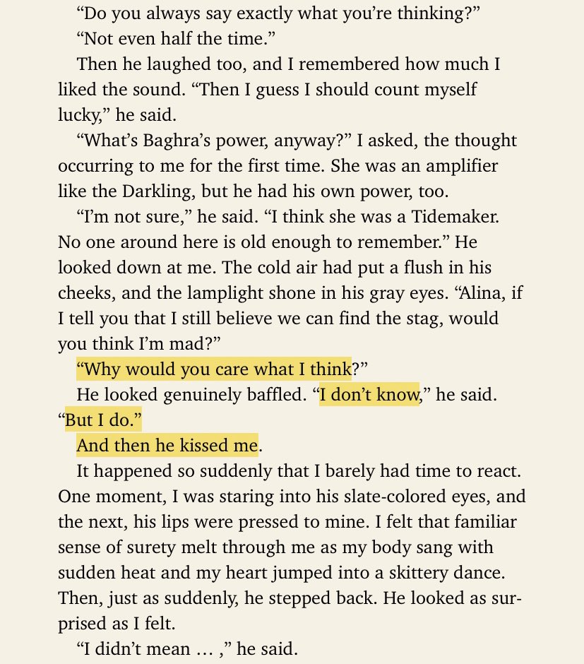 Later, she runs into the Darkling, who updates her on the status of the hunt for Morozova’s stag, her amplifier. There’s some flirty banter and they share a moment