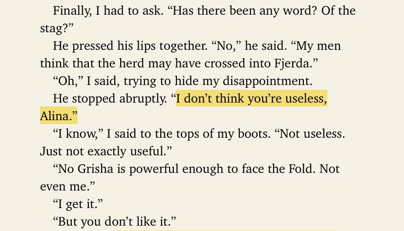 Later, she runs into the Darkling, who updates her on the status of the hunt for Morozova’s stag, her amplifier. There’s some flirty banter and they share a moment
