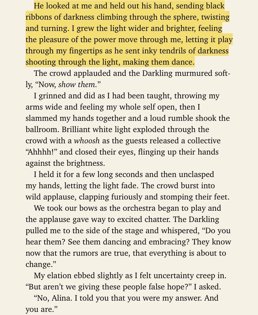 At the Grand Palace’s winter fete, things take a turn. First, the Darkling returns and makes his intentions known by sending Alina a black kefta with his symbol to wear. Then, they perform together at the ball. It’s hot.