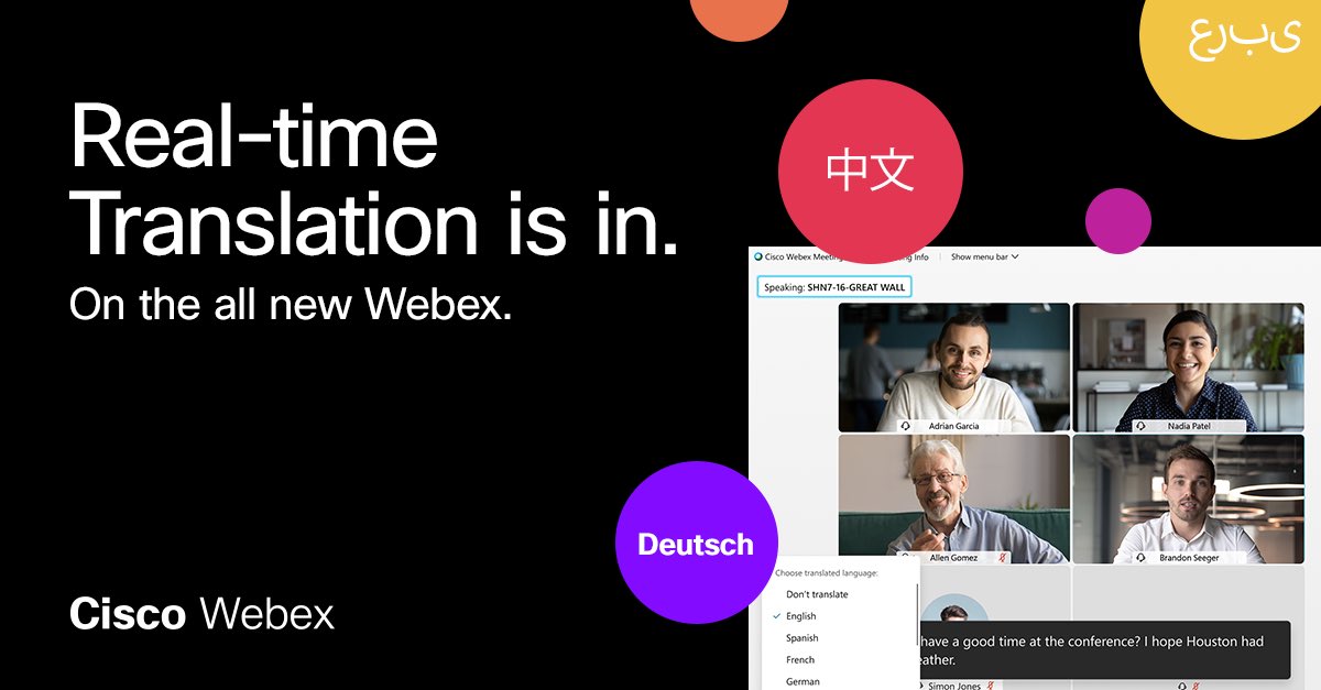 aruna13's tweet photo. In the #AllNewWebex @Webex Real-time translations to 15+ languages are in including Spanish, Mandarin.... representing 80% of the worlds spoken languages. https://t.co/uZ5i8E7Alx