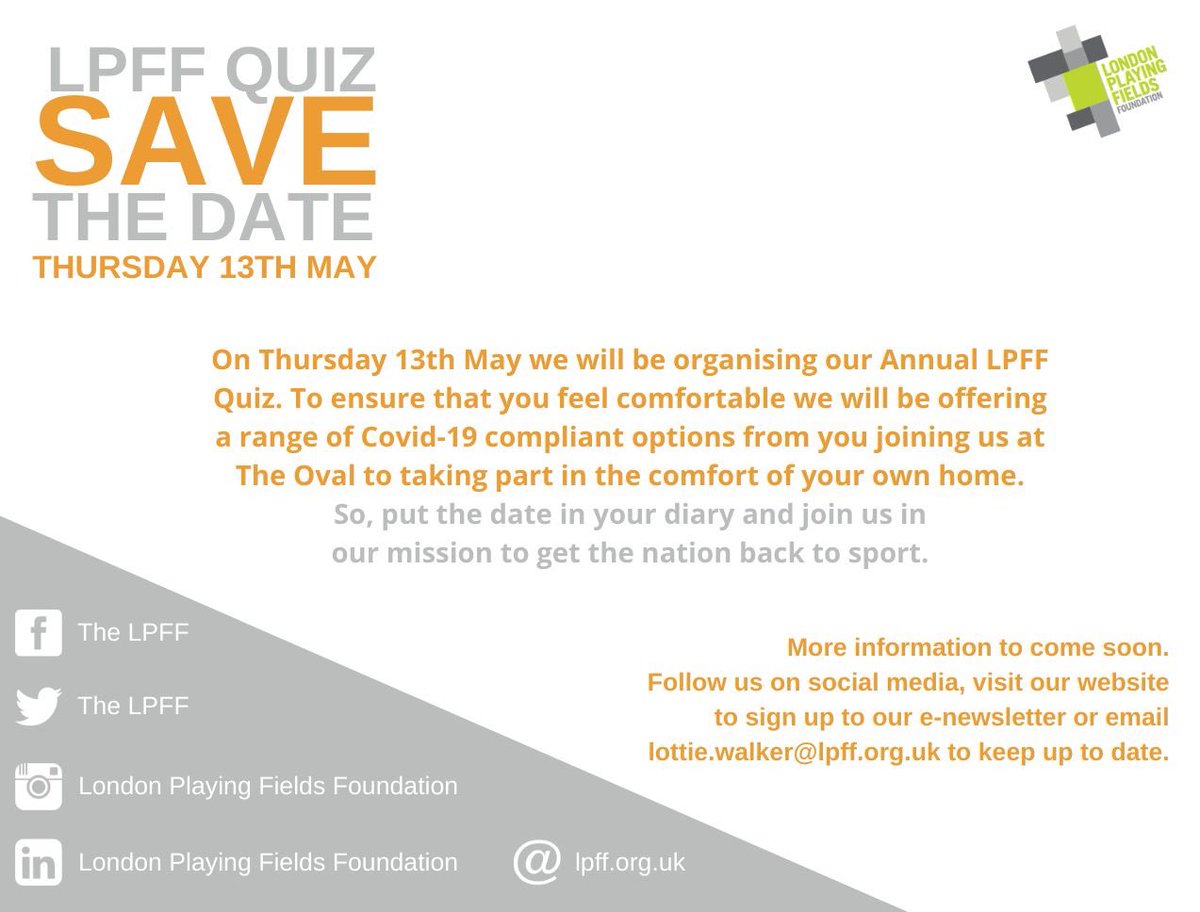 TheLPFF's tweet photo. SAVE THE DATE.
Our Annual LPFF Quiz will be held on Thursday 13th May.
More information will be posted in due course, so for now you just need to put the date in your diary.
#LPFFQuiz #LPFF #nonprofit #fundraising #charity https://t.co/0iY2lrzTQW