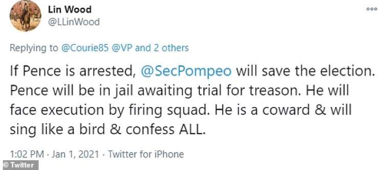 'If Pence is arrested,  @SecPompeo will save the election. Pence will be in jail awaiting trial for treason. He will face execution by firing squad. He is a coward & will sing like a bird & confess ALL" Lin Wood is hooked up with Pillow dude who just met with Trump in the WH