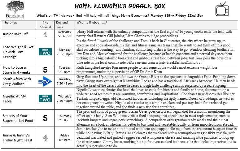 TV viewing for this week for all things Home Economics. 
BGE pupils could get inspiration from the Junior Bake Off. Secrets of Your Supermarket Food looks to be one for BGE &amp; SP looking at local v imported produce.
#StayHome &amp; Enjoy! 📺🛒🛍️👨‍🍳