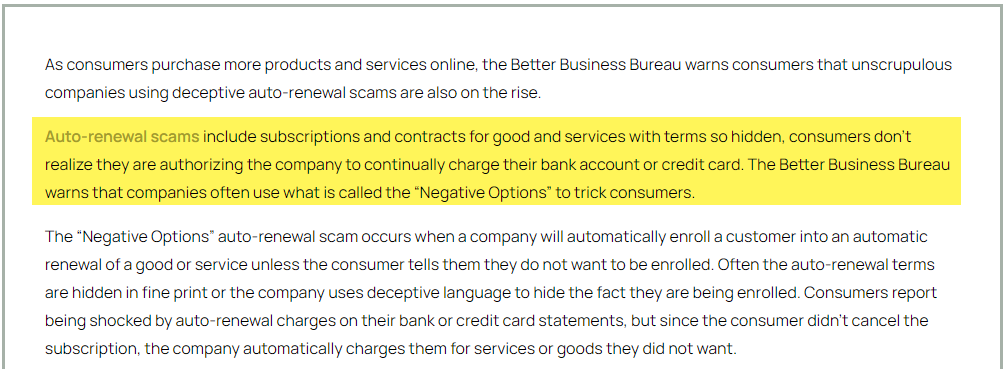 " @FTC has taken notice of auto-renewal scams and has issued the “Negative Options Rule”. Businesses using auto-renewal must meet certain requirements, which include:Obtaining the express consent of consumers before charging bank accounts or credit cards" https://bit.ly/38PCnoo&nbsp;