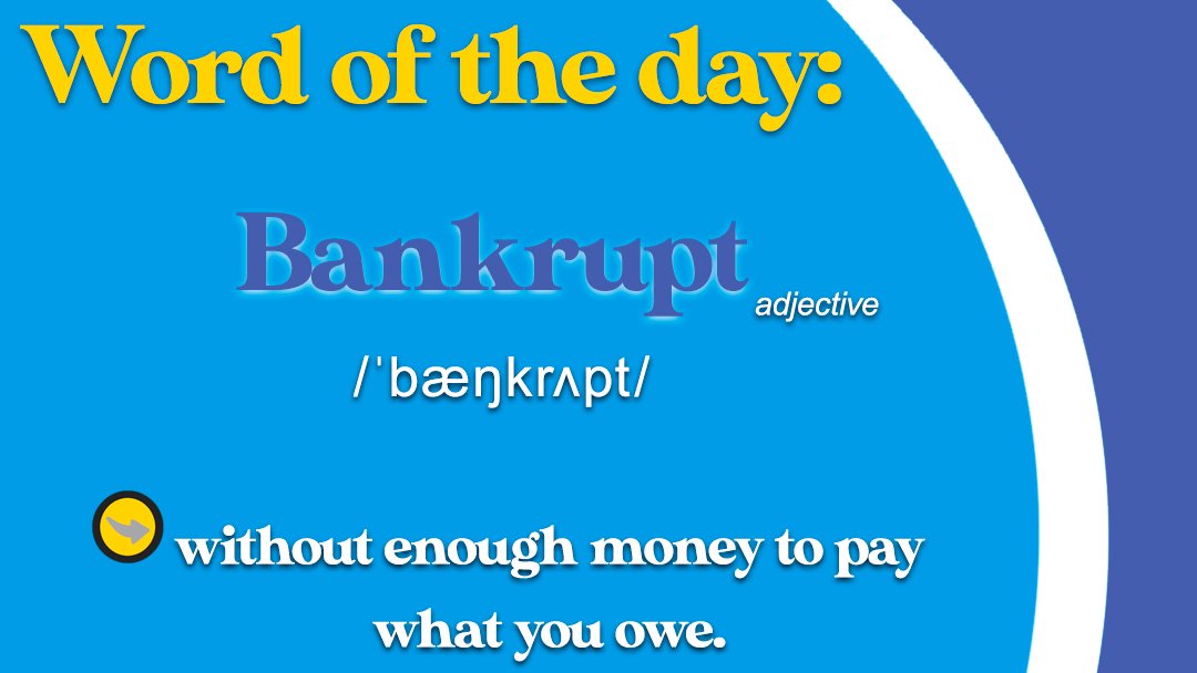 TheEnglishStop's tweet photo. Today's word is the adjective 'BANKRUPT'🧾❌💵❌

🔘In a sentence: They went bankrupt in 2009.

#wordoftheday #bankrupt #EnglishPhrases #Vocabulary #LearnEnglishVocabulary #NewVocabulary #vocab #English #BritishEnglish #TheEnglishStopChannel #LearnEnglishDaily #lLoveEnglish https://t.co/sVgHE2fAhc
