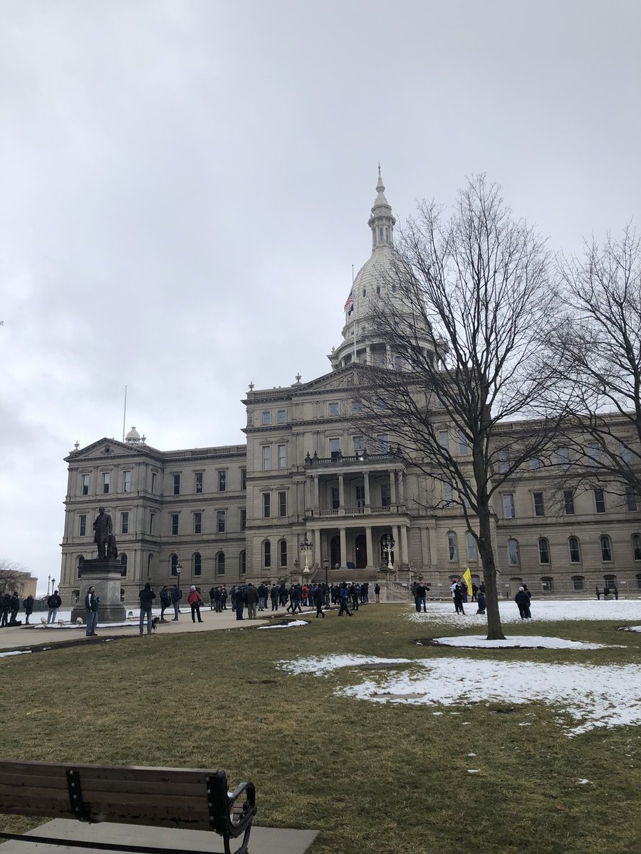 Very calm at the Michigan Capitol. Lots of law enforcement, lots of media, little snow. Couple people who appear to be protestors