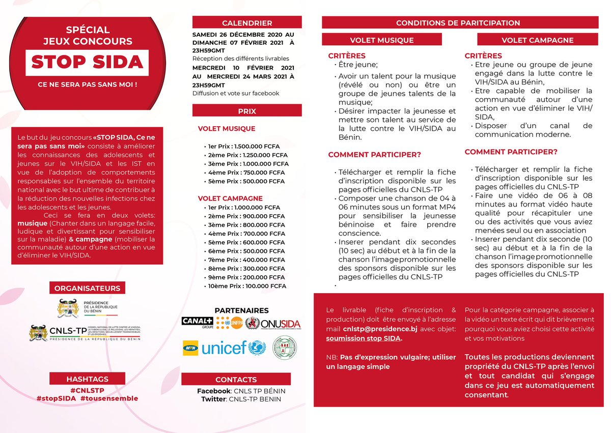 MTNBenin's tweet photo. #StopSIDA #TousEnsemble #CNLSTP

🎁 SPÉCIAL JEU-CONCOURS 🎁

Jusqu'au 07 février 2021, participez à la 2e édition du Spécial Jeu-Concours "Stop SIDA! Ce ne sera pas sans moi"

Participez dans la rubrique de votre choix et envoyez vos productions à l'adresse: cnlstp@presidence.bj https://t.co/xCy0YbPU2t