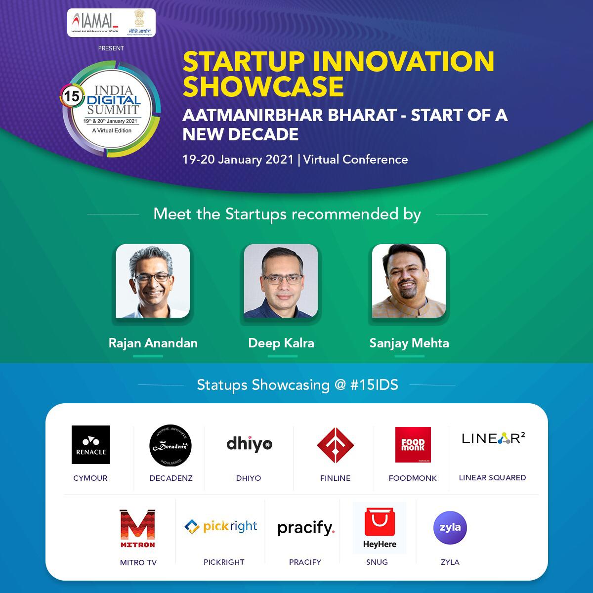 Meet startups recommended by <a href="/RajanAnandan/">Rajan Anandan</a> , <a href="/DeepKalraMMT/">Deep Kalra</a>  &amp; Sanjay Mehta at Startup Innovation Showcase on 19th January at 11.30am  #15IDS
Register Now Free: iamai.6connex.com/event/live/IDS…