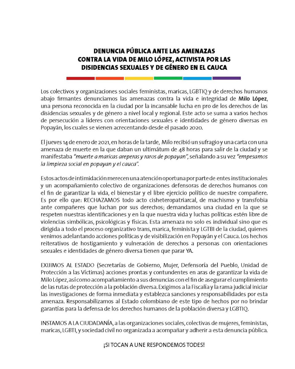 TLUnicauca's tweet photo. DENUNCIA PÚBLICA 

La persecución, amenazas y estigmatización de líderes y lideresas de disiencias sexuales ¡no deben ser calladas y deben detenerse ahora! 

¡Si nos tocan a une, respondemos todes!  
#DenunciaPublica https://t.co/3W5U8gePT8