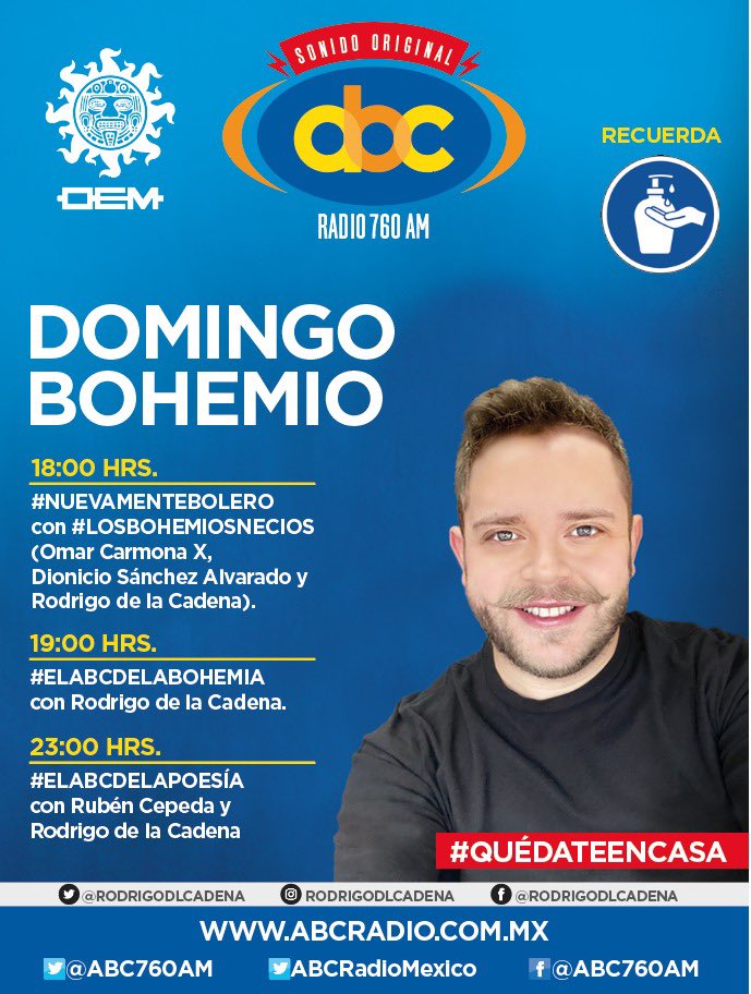 RodrigoDLCadena's tweet photo. Hoy tenemos 3 citas en @ABCRadioMexico @ABC760AM:
18:00 #NuevamenteBolero Homenaje a LUIS CARBONELL 🇨🇺#LosBohemiosNecios
19:00 #ElABCdelaBohemia Especial a RAFAEL HERNÁNDEZ, el Jibarito 🇵🇷 #InventarioMusical
23:00 Especial PITA AMOR #ElABCdeLaPoesía
En Vivo X #RodrigoEnCadena https://t.co/Y5hxQMIG0Z