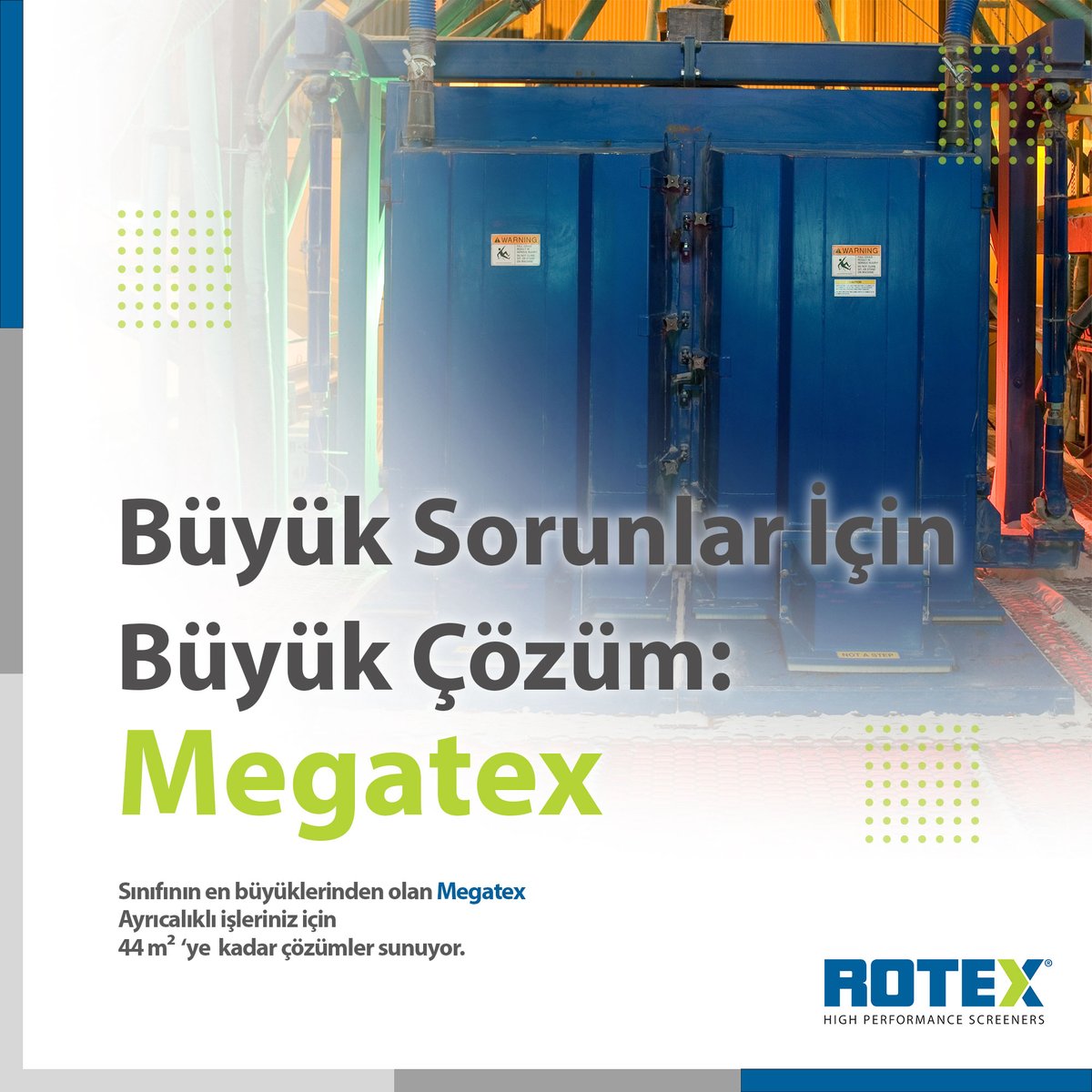 Fabrikalarınızdaki büyük sorunlar için sınıfının en büyük çözümlerinden olan Megatex'i sunuyoruz. Megatex 44 m² 'ye kadar olan büyüklüğü ile büyük çözümler üretiyor!
#rotex #rotexturkiye #eleyici #şeker #gubre #pancar #camtozu #endustri #endustriyel #geridonusum #fabrika