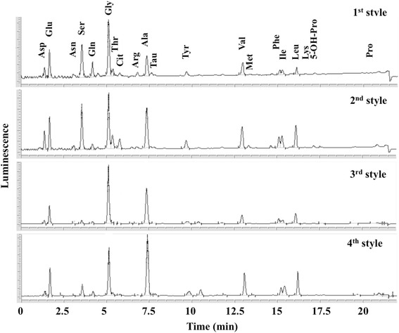 Chromatographic techniques separate components of complex matrices, such as organic binders. Each compound can be detected based on different properties. In this example, different amino acids are distinguished thanks to their luminescence in samples of the H. of M. Fabius Rufus.