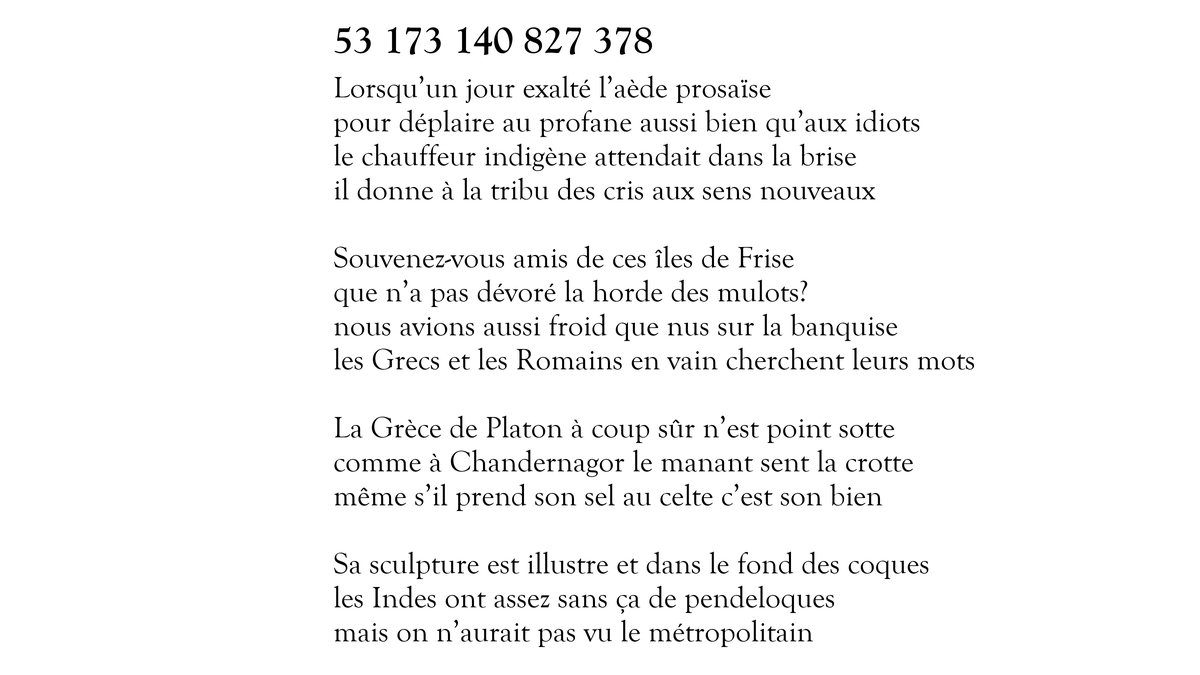 Voici le sonnet 53 173 140 827 378 sur 100 000 000 000 000. Il en reste 99 999 999 998 433 à tweeter. https://t.co/Gwdjb9zIey