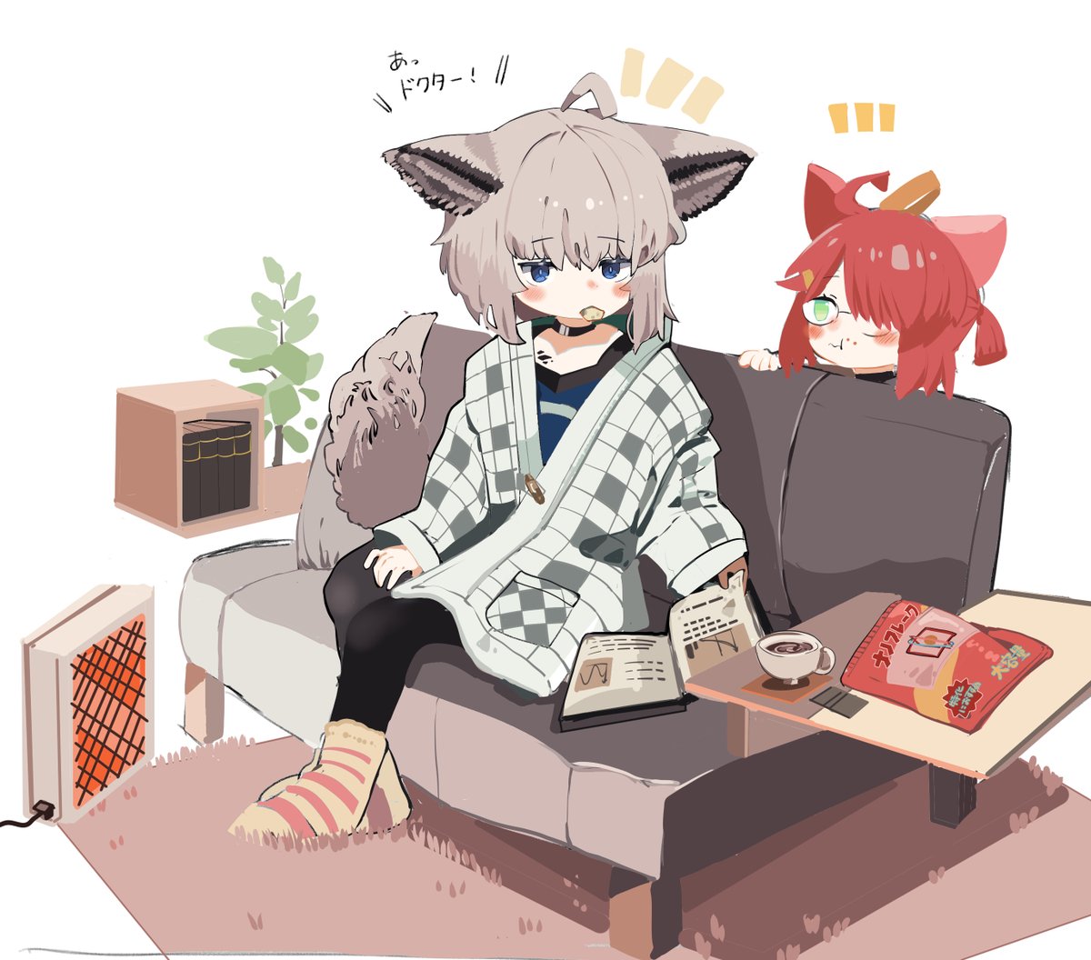 sussurro (arknights) animal ears 2girls multiple girls tail couch fox ears blue eyes  illustration images