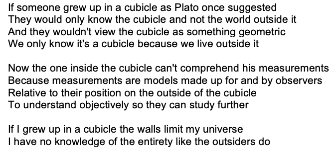 A detailed description of the Cave is found in ‘...Powdered Water Too (Part 1)’ from the album First born by Eyedea (RIP) &  @djabilities. Here the cave is not a cave but a cubicle. 