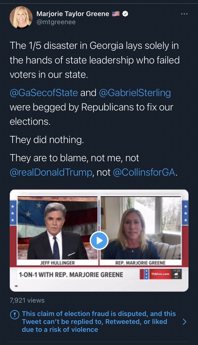 They just did it again with a clip of her trying to run roughshod over a TV anchor with the same lies and misinfo.A big way to combat this is to repeatedly forcefully point out her only purpose as a lawmaker is riling up the base with untrue statements that lead to violence.