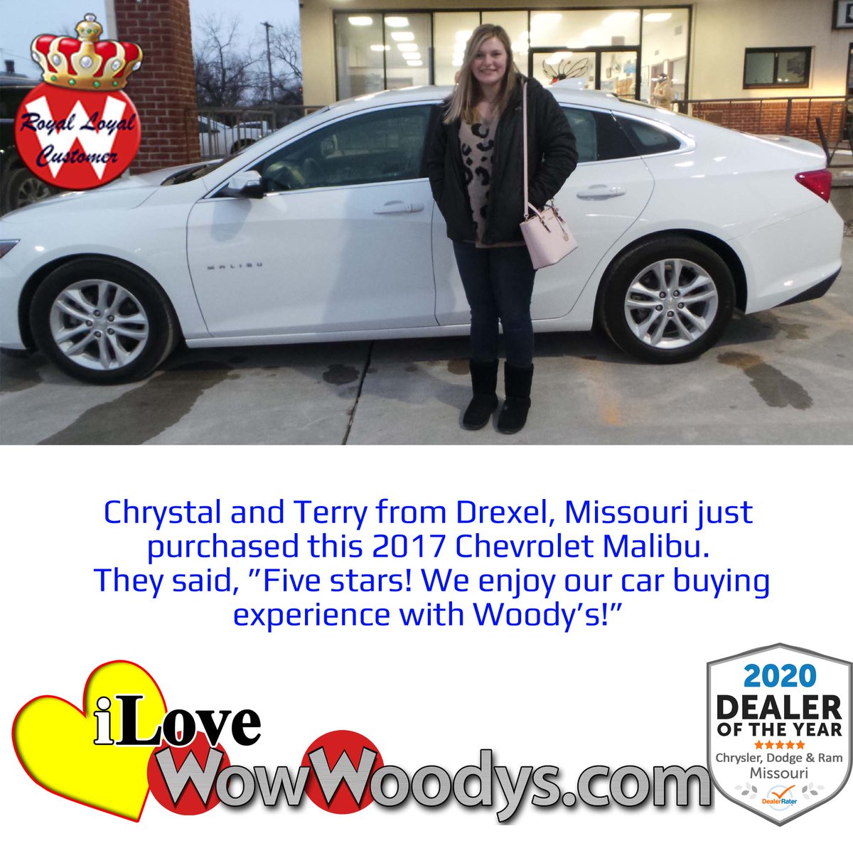 MAGCDJR's tweet photo. Chrystal and Terry enjoy upgrading their cars at Woody's! Thanks for being Royal Loyal Customers!
https://t.co/qT4Ivs6pvo
#carshopping #carbuying #usedcarsforsale #customerthoughts #customers #reviews #missouri #cardealer #fivestars #chevymalibu #chevrolet #chevroletmalibu https://t.co/rfDPd38Oio