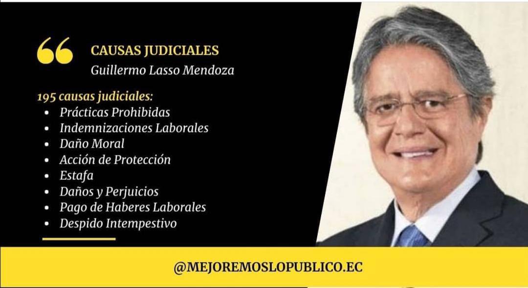 ¡¡¡195 CAUSAS!!! 

Entre ellas: ESTAFA, INDEMNIZACIONES LABORALES, DESPIDOS INTEMPESTIVOS y, DAÑOS y PERJUICIOS.

Por Dios, ¿Así quiere ser Presidente? 
¿Así habla de generar empleo?
¿Así acusan a <a href="/MashiRafael/">Rafael Correa</a> por un juicio político manoseado por el #PeorGobiernoDeLaHistoria?
