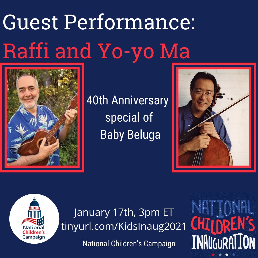 We are so excited to have <a href="/Raffi_RC/">Raffi Cavoukian 🇨🇦</a> and <a href="/YoYo_Ma/">Yo-Yo Ma</a> join us for the #KidsInauguration!

Don't miss their 40th Anniversary special of Baby Beluga in 3 hours!!

Tune in on our Facebook page or YouTube channel! facebook.com/40306143697886…
#Inauguration2021 <a href="/BidenInaugural/">Biden Inaugural Committee</a> #President4Kids