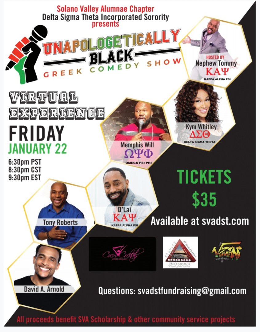 ONE ticket per household ~ Laughter is food for the soul.  Enjoy a comedy show in the comfort of your home.  Proceeds benefit scholarship and other community programs.

Get your tickets....
svad9show.ticketleap.com/d9comedyshow/