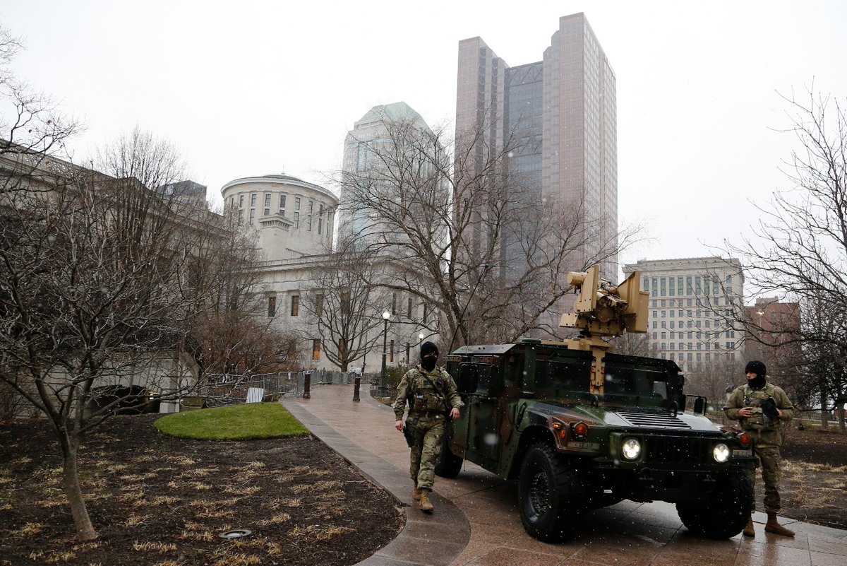 10TV's tweet photo. National Guard members and state troopers are outside the Ohio Statehouse in anticipation of protests in downtown Columbus Sunday and leading up to the presidential inauguration.

📸: AP Photos/Jay LaPrete https://t.co/V37el6TzNS