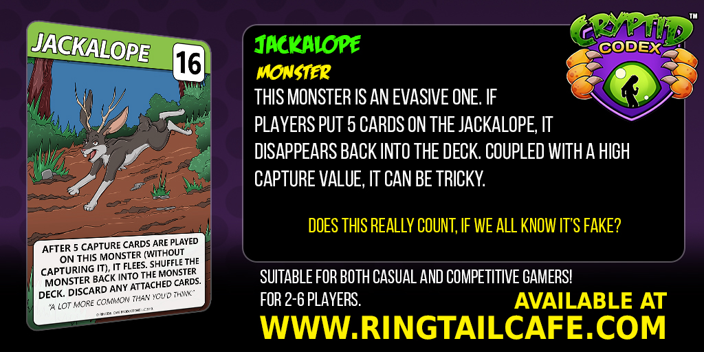 ringtailcafe's tweet photo. Cryptid Codex the game.
A great game for casual play full of quirky humor.
https://t.co/L6NeWW8wQK
#RTC #RingtailCafe #Game #Cooperative #cardgame #CrytpidCodex #cryptids #vampires #Bandshees #werewolves #monster #aliens https://t.co/OjDRskNx1Y