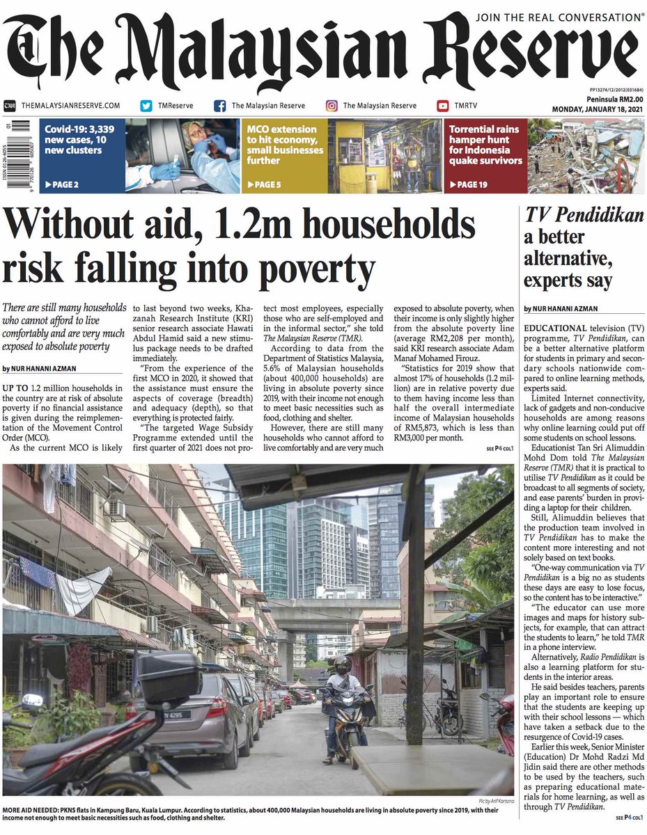 TMReserve's tweet photo. On our front page today:

• Without aid, 1.2m households risk falling into poverty

• TV Pendidikan a better alternative, experts say

#Malaysia #households #MCO #TVPendidikan #Education #TMRNews #TMRPhoto https://t.co/KuNt848LmG