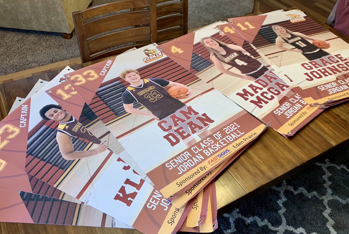 JordanBooster's tweet photo. Senior Banners have arrived!! Hoping to get these up in the gym before the first home game!THANK YOU to our ALL-IN Corporate Partner, Fast Signs of Eden Prairie for getting these together so quickly! Always great service!! #SeniorClass2021 #GoJags #GoHubmen @JagsGBB @HubmenHoops https://t.co/kTe3StEri6