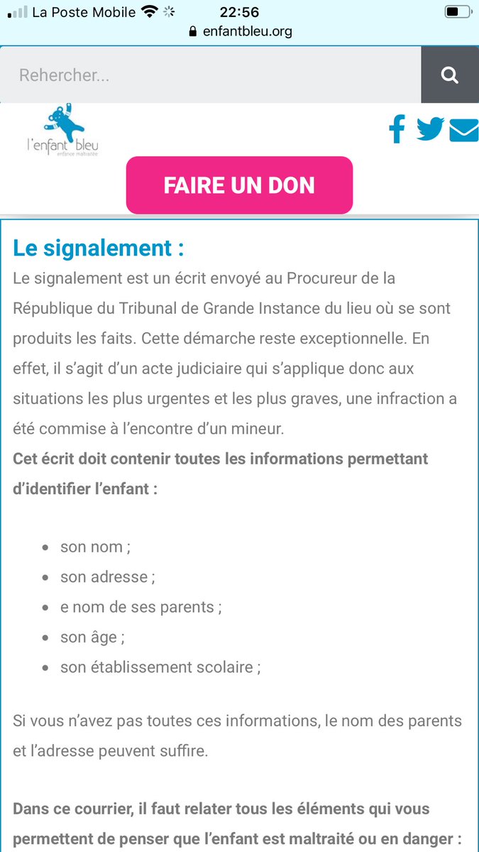 #5 : en cas de preuves, vous pouvez faire un signalement auprès du procureur (mais je peine à comprendre comment...). Apparemment il faut écrire au « Tribunal de Grande Instance » le plus proche : ..mais avec la réforme, TGI = TJudiciaire? ( @Proc_Epique ?) https://enfantbleu.org/le-signalement/&nbsp;
