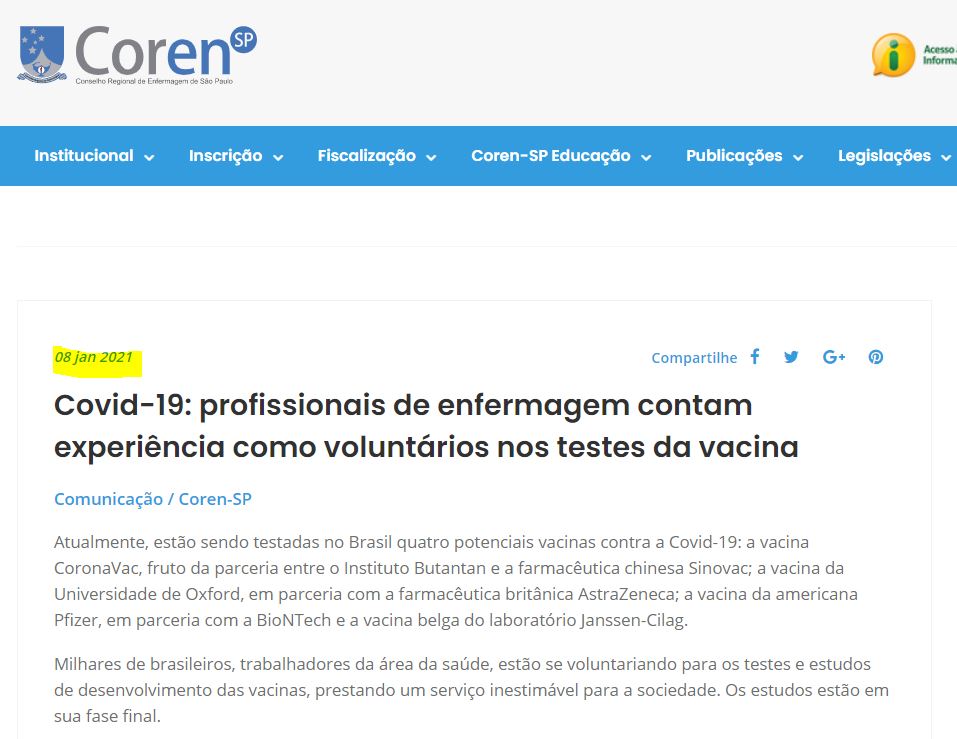bellanna's tweet photo. Mas afinal, a Monica tomou a vachina hoje ou foi cobaia dos testes? Pq tem matéria com ela com data do dia 08/01 do site do CorenSP....🤡 https://t.co/gq0Cu5eoO7
