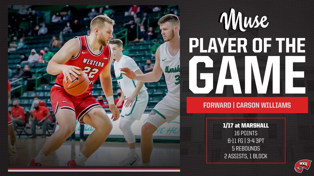 WKUBasketball's tweet photo. There's no question Carson Williams was the DIFFERENCE today!

@Cwilli2332's 16 points and clutch shooting earn him our @LiveAtMuseBG Player of the Game!

#GoTops https://t.co/9nF02tDjFa