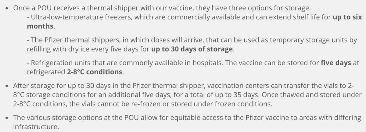 These vaccines have a delicate shelf life. Pfizer:  https://www.pfizer.com/news/hot-topics/covid_19_vaccine_u_s_distribution_fact_sheet