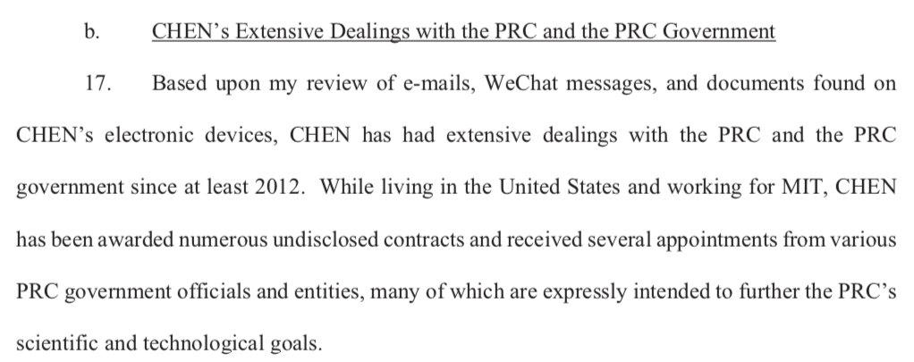 17. McCarthy reads Professor Chen's emails, WeChat messages, and documents on his computer, and selects items to substantiate that Chen has and undisclosed interactions with China. McCarthy will detail these instances in later paragraphs.