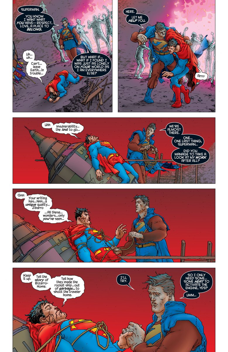 A lot of interesting back and forth between Zibarro and Bizarro here. It's interesting that in their encounter with Superman, the former is left somewhat content, while the latter seems to become more pensive and somber by the end.