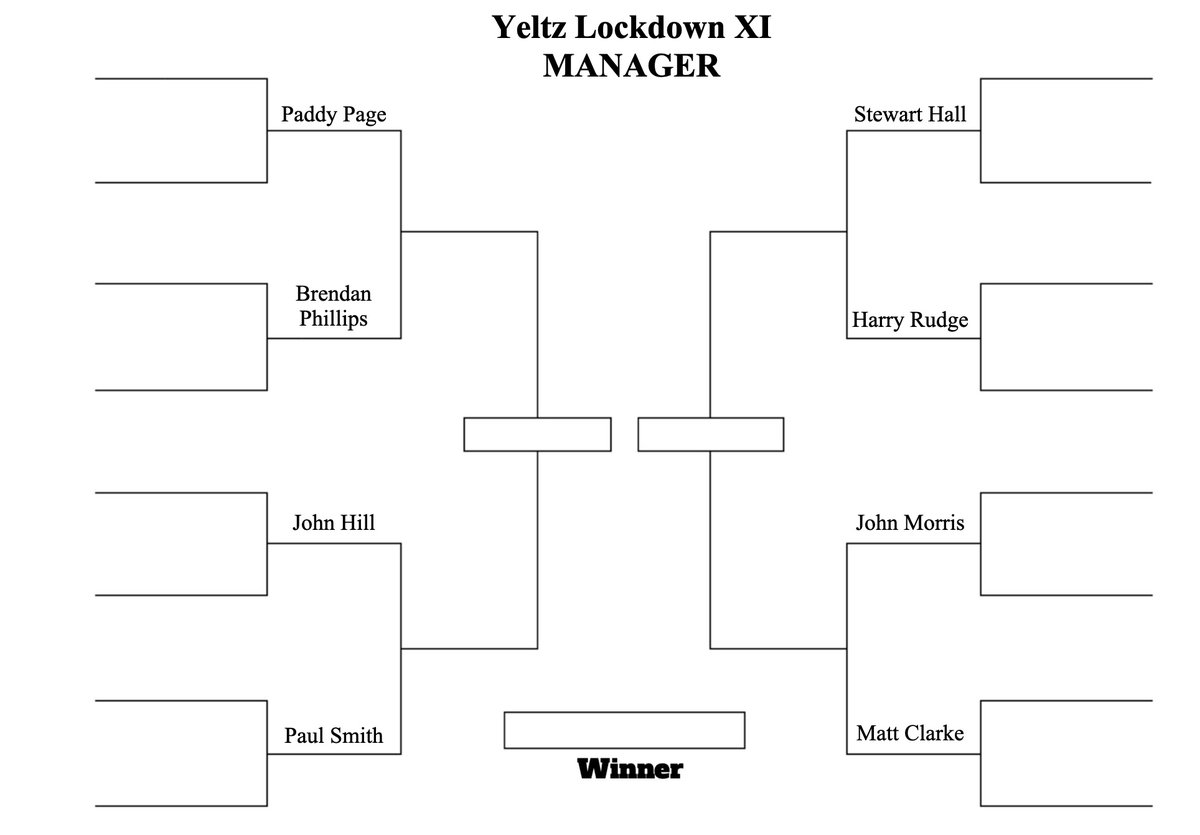 halesowentownfc's tweet photo. LOCKDOWN XI: Finally, the big one: bracket for the MANAGER. Enlarge the image for the full draw. Some real Halesowen legends on here! #LockdownXI #UpTheYeltz https://t.co/oMRP5qBBvM