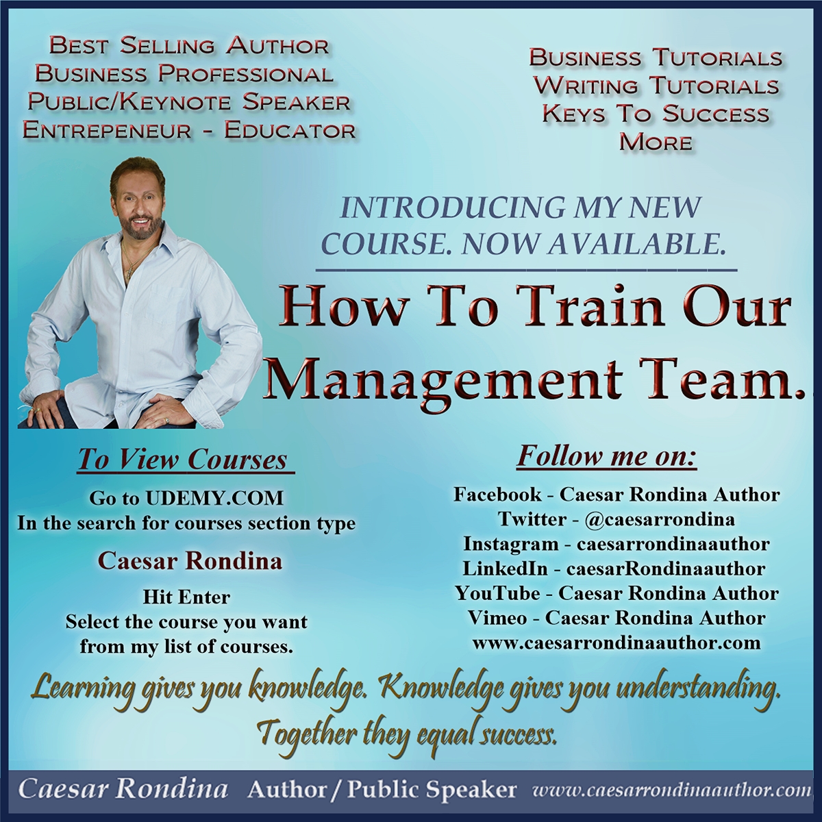 CaesarRondina's tweet photo. My new course titled "How To Train Our Management Team" is now available on the Udemy platform. Follow the instructions in the image to preview the course. #business #managers #supervisors #foremans ##amwriting #management #training #learning #eduation https://t.co/yoFAkm4N2R