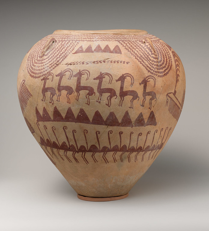 By the way this vase is not an exception. Ibex goats are found all over predynastic artefacts. Here is another vase from Naqada II period. Dated to 3500BC.
