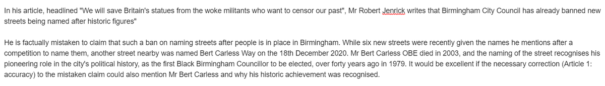 I have filled in a  @Telegraph online form, with my suggestion that the correction of the inaccuracy could also recognise the contribution of Mr Bert Carless OBE. I hope  @RobertJenrick may also want to do that, as Communities Secretary.