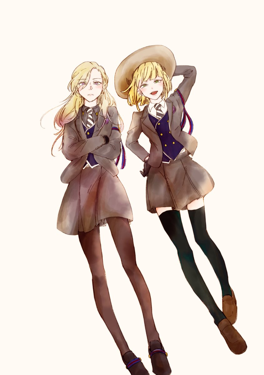 multiple girls 2girls pantyhose blonde hair thighhighs long hair skirt  illustration images
