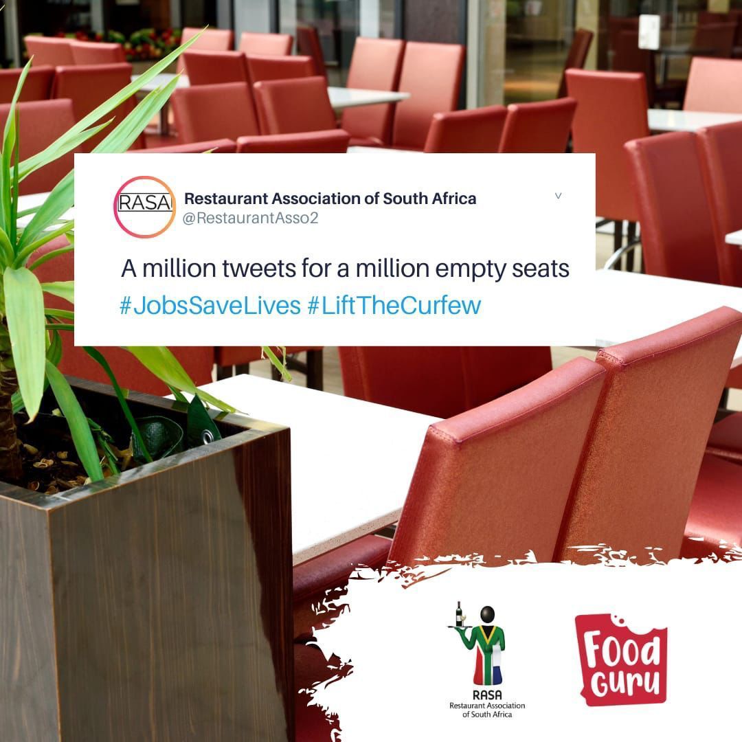 Restaurant Association of South Africa (@restaurantasso2) on Twitter photo Tweet all your empty seats to <a href="/DrZweliMkhize/">Zweli Mkhize</a>
<a href="/DlaminiZuma/">Dr Nkosazana Dlamini Zuma</a>
<a href="/JacksonMthembu_/">Minister Jackson Mthembu</a>
<a href="/PresidencyZA/">The Presidency 🇿🇦</a>
<a href="/CyrilRamaphosa/">Cyril Ramaphosa 🇿🇦</a>
#Pleaseserveus Tweet all your empty seats to <a href="/DrZweliMkhize/">Zweli Mkhize</a>
<a href="/DlaminiZuma/">Dr Nkosazana Dlamini Zuma</a>
<a href="/JacksonMthembu_/">Minister Jackson Mthembu</a>
<a href="/PresidencyZA/">The Presidency 🇿🇦</a>
<a href="/CyrilRamaphosa/">Cyril Ramaphosa 🇿🇦</a>
#Pleaseserveus