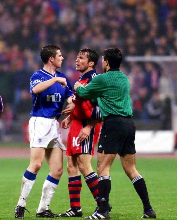 oldrangerspics's tweet photo. The moment that Lothar Matthaus lost the plot after being dominated by a young Barry Ferguson in the 1999 Champions League tie away to Bayern Munich. Barry’s response was to tell Matthaus this was his pitch 👊🏻 https://t.co/cZCv4f8Jxs